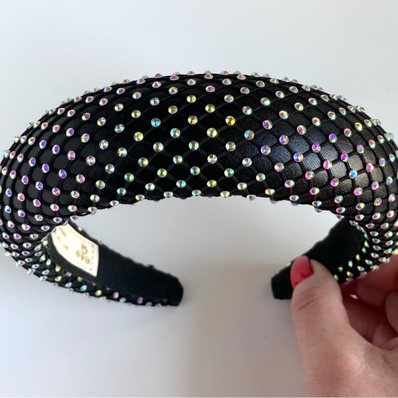 Black Padded 1.5” Headband with Rhinestone-Adorned Mesh Overlay Handmade - Picture 5 of 10